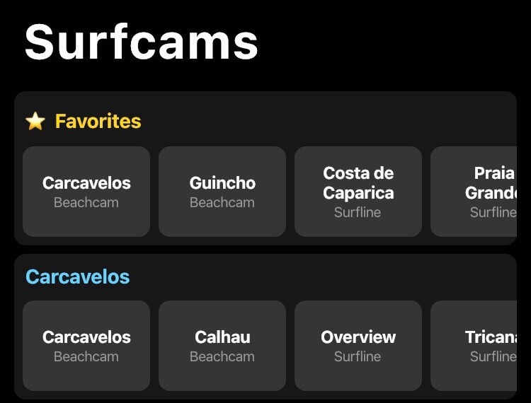 Screenshot of the Surfcams app showing nested lists of surfcams available in my area